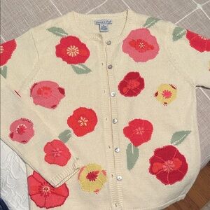 Vintage Eagle’s EyeFloral Patterned Cream Cardigan, Size Small, 80’s, cottage